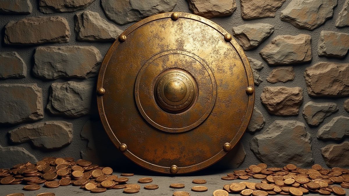 Muro de escudos com moedas antigas espalhadas.