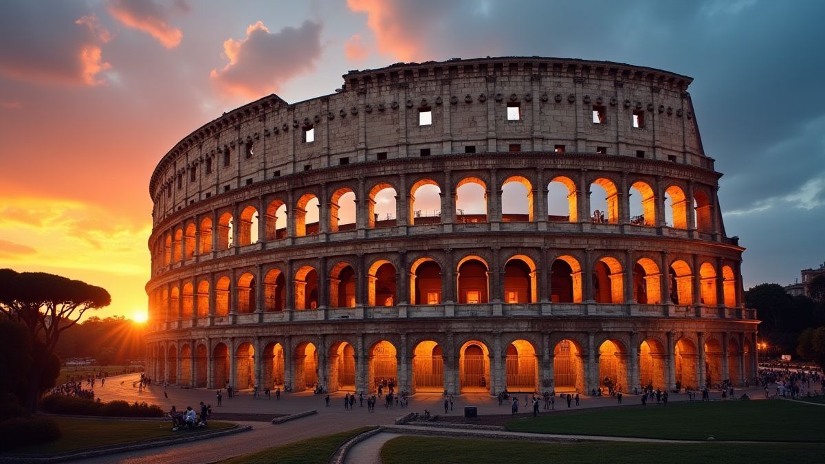 Coliseo romano ao entardecer com luzes quentes.