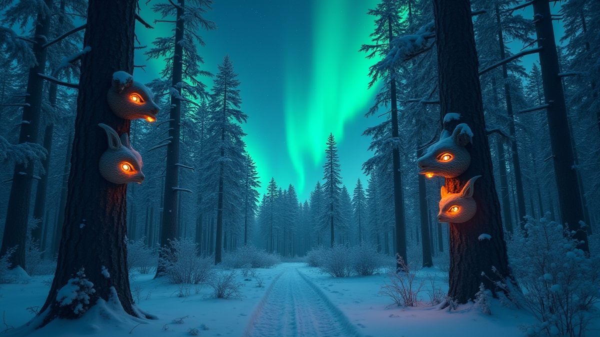 Nordischer Wald beleuchtet von der Aurora Borealis mit Tiermasken.