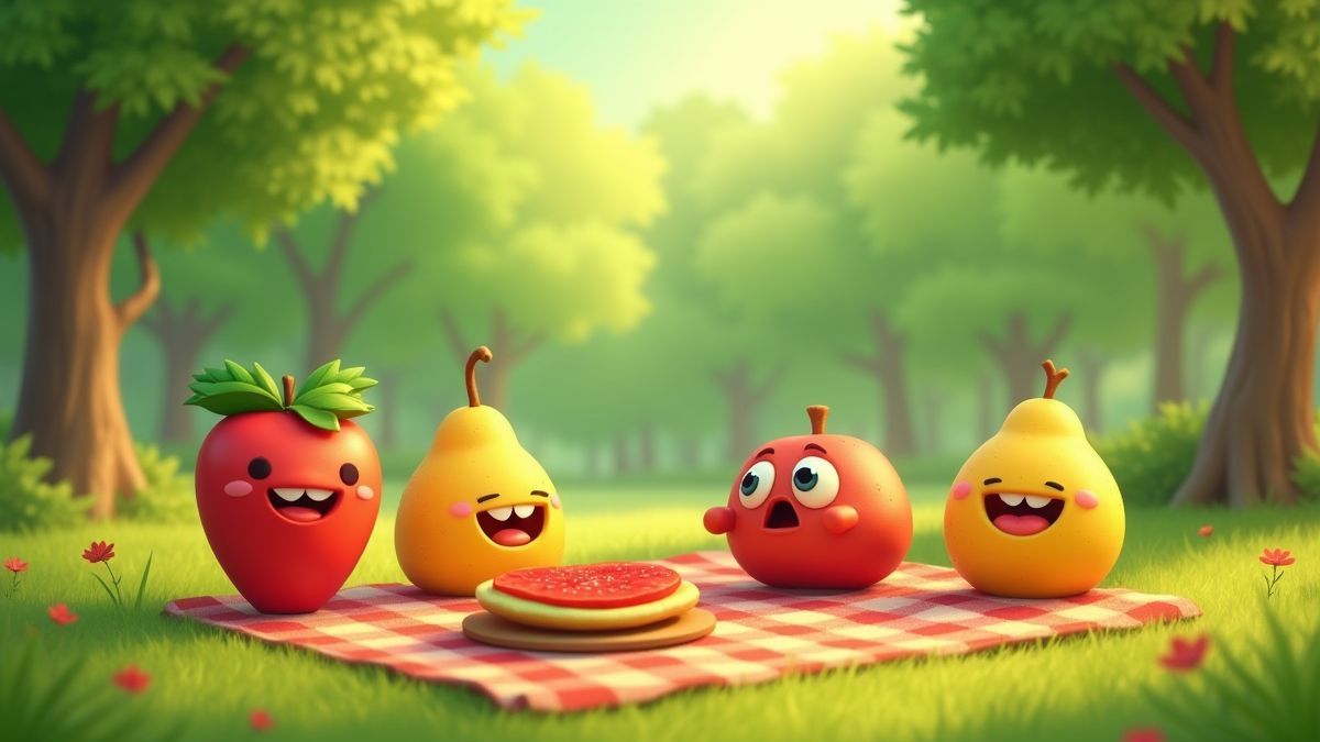 Animierte Lebensmittel, die ein Picknick in einem grünen Park genießen.