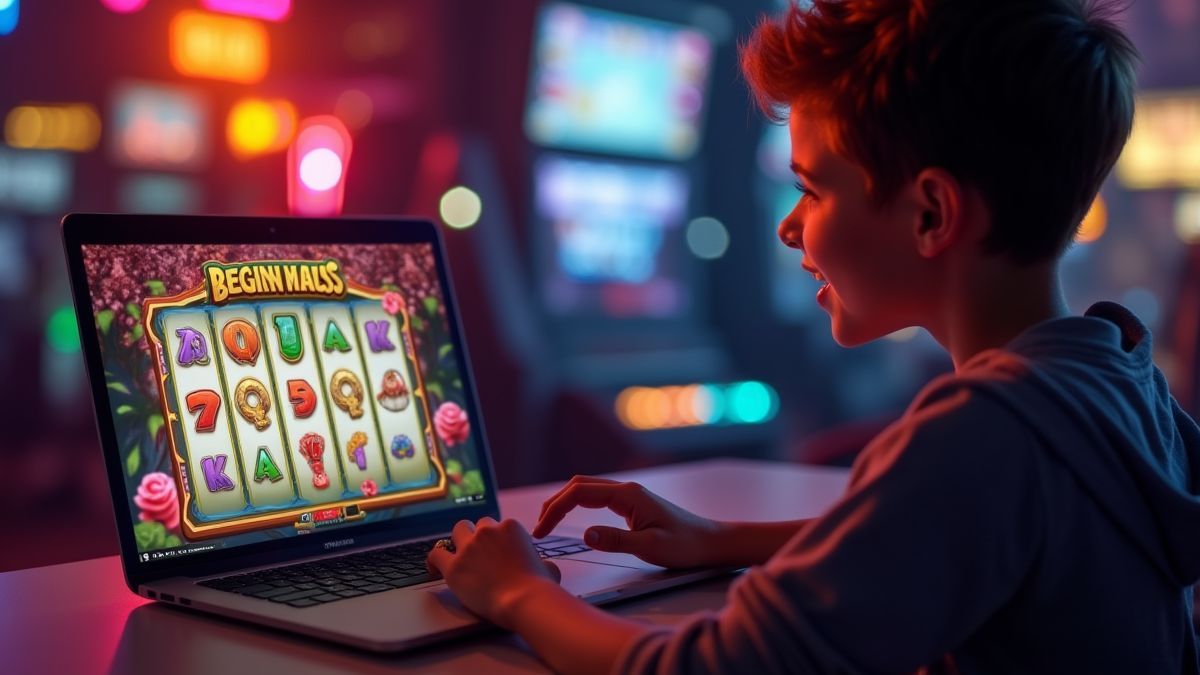 Ein Anfänger-Spieler, der ein buntes Slot-Spiel auf einem Laptop genießt.