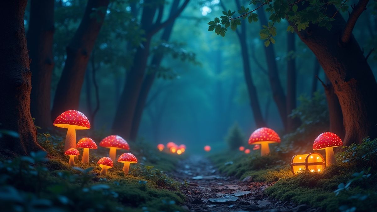 Um bosque brilhante cheio de cogumelos e baús de tesouros.