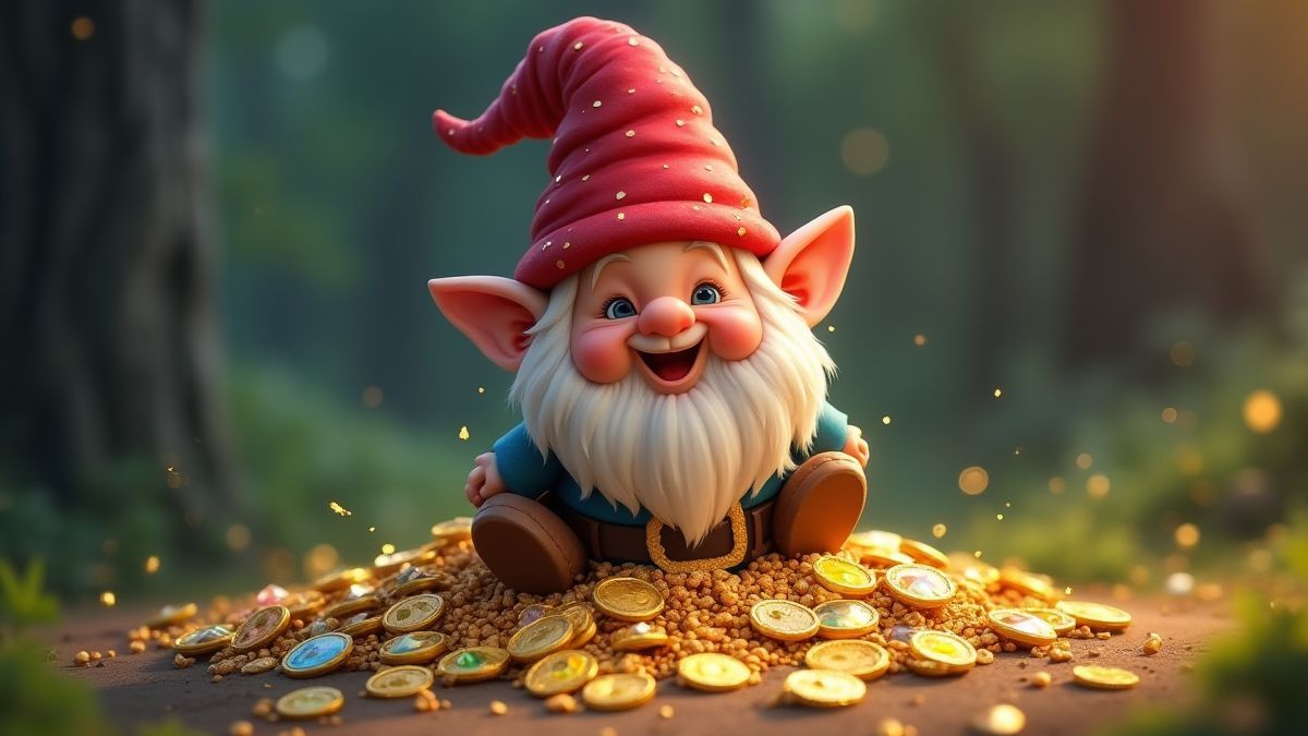 Um gnomo feliz descobrindo uma pilha de gemas e moedas de ouro.