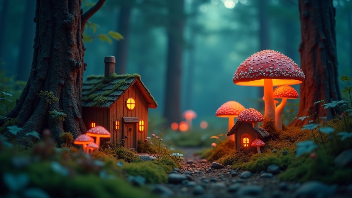 Ein magischer Wald mit leuchtenden Pilzen und kleinen Holzhäusern.