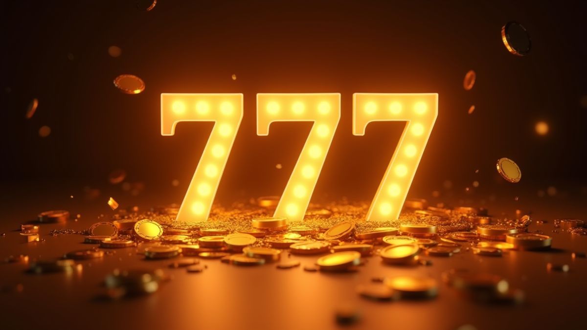 Numéro 777 illuminé entouré de pièces dorées.