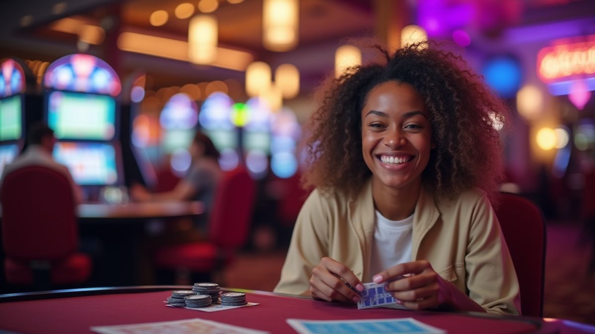 Joueur souriant jouant à des cartes dans un casino virtuel.