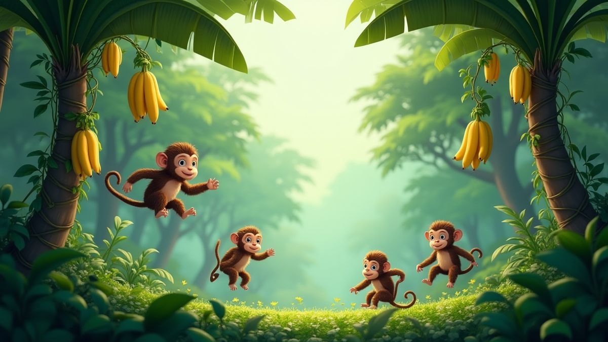 Üppiger Dschungel mit animierten Affen und hängenden Bananen.