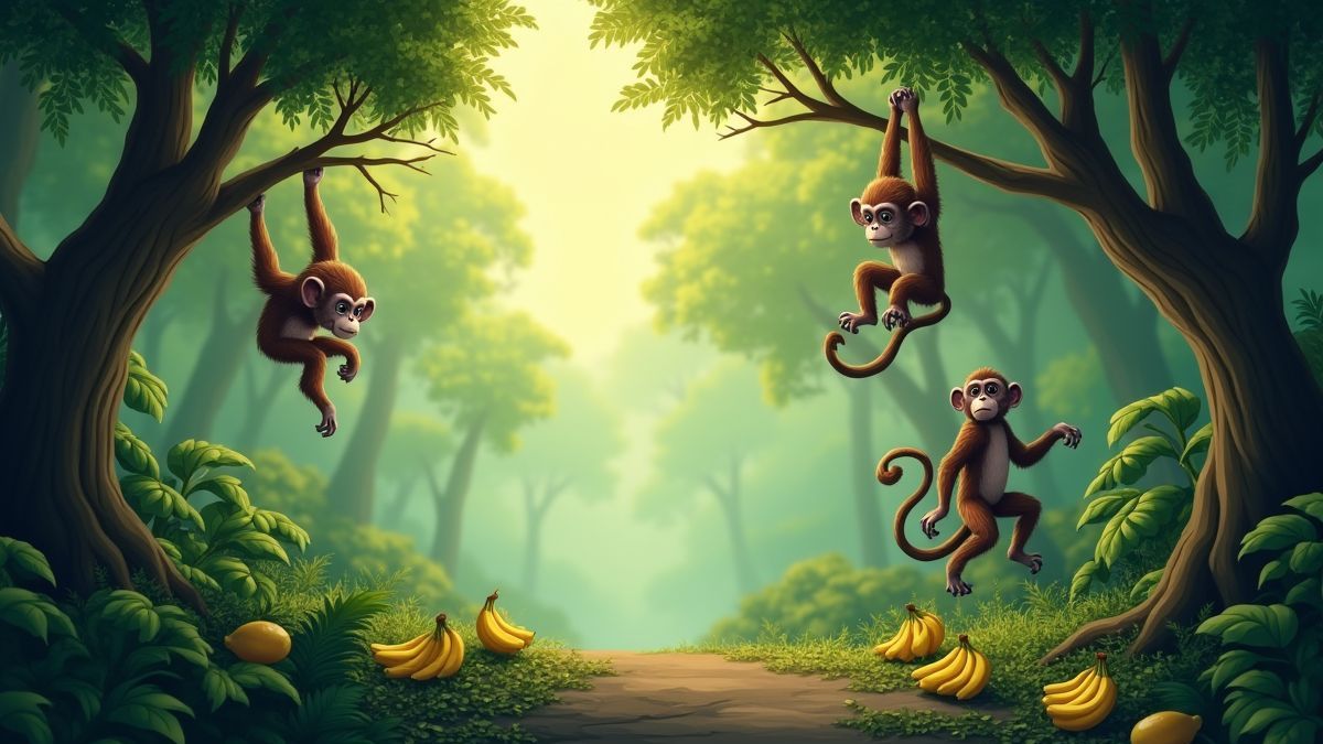 Monos colgando de árboles en una jungla con plátanos por todas partes.