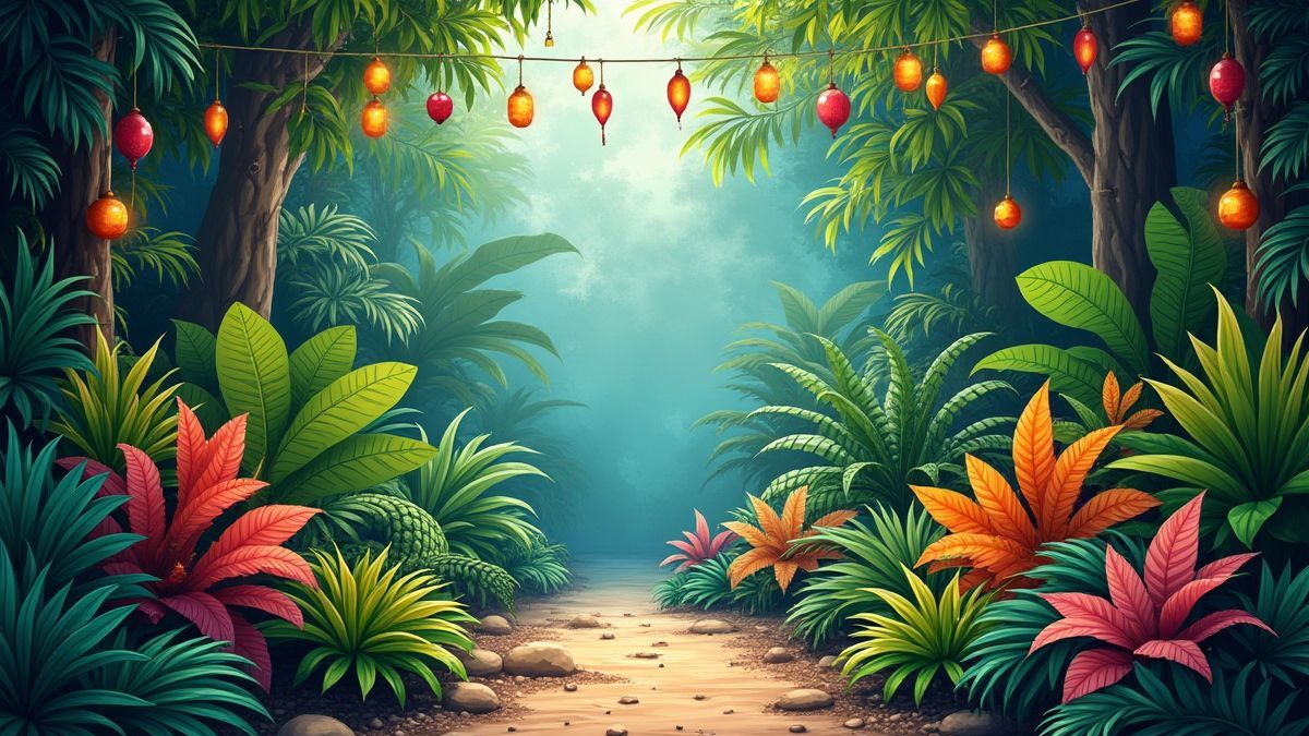 Une jungle avec plantes colorées et décorations festives.
