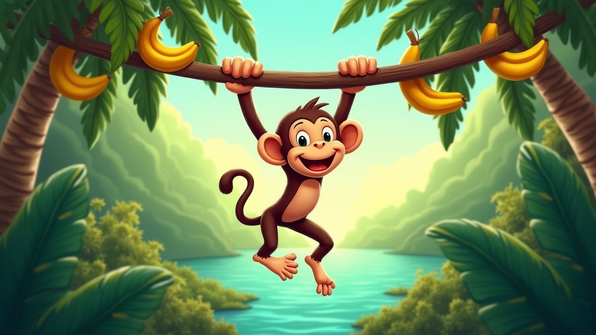Singe se balançant dans la jungle tropicale entouré de bananes et de palmiers.