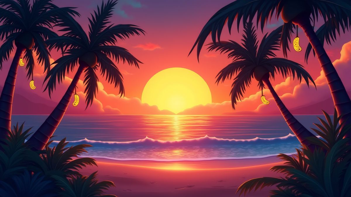 Coucher de soleil sur une île tropicale avec des bananes brillantes suspendues aux arbres.