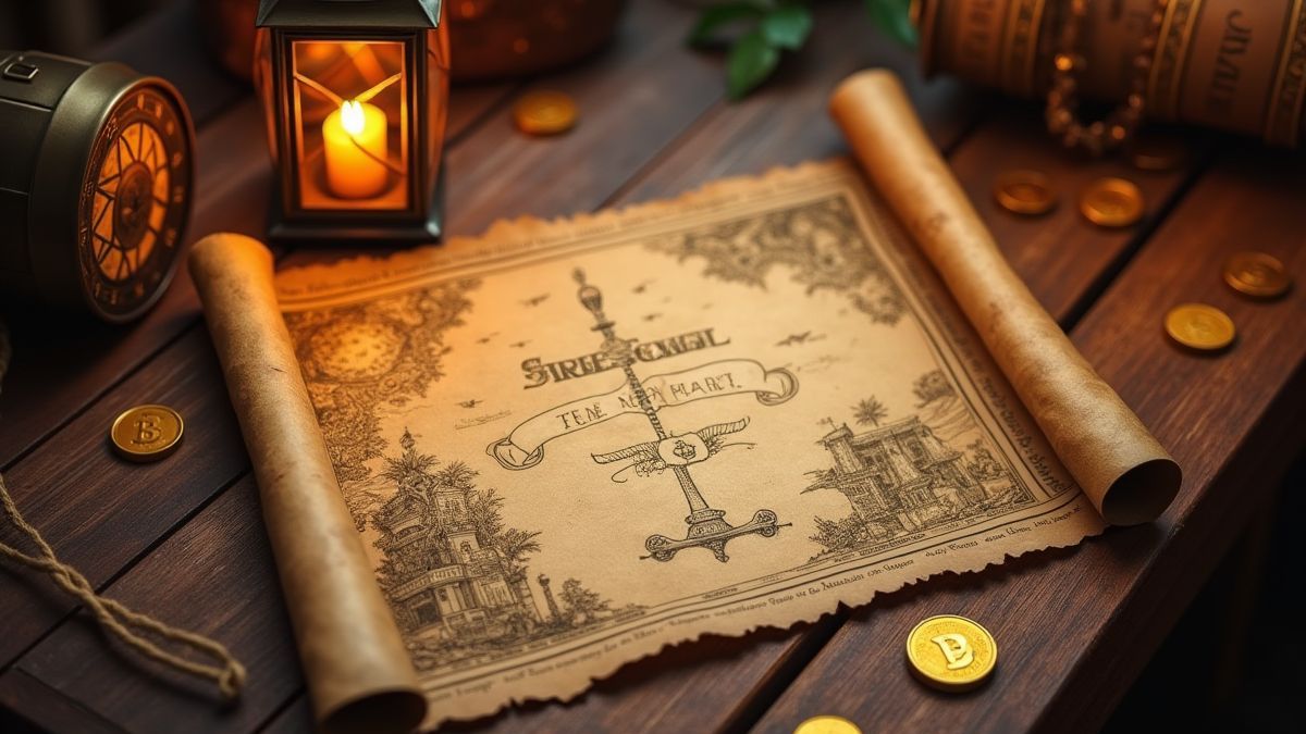 Mapa do tesouro em uma mesa de madeira rodeado de moedas de ouro.