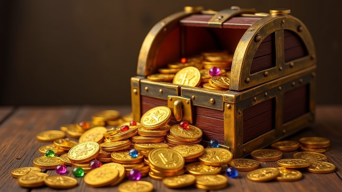 Moedas de ouro e joias saindo de um cofre do tesouro.