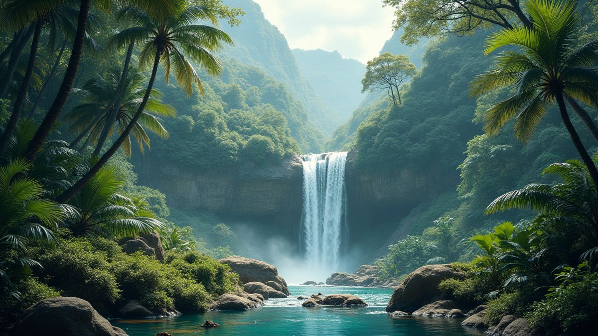 Fondo de jungla detallada con cascadas y animales exóticos