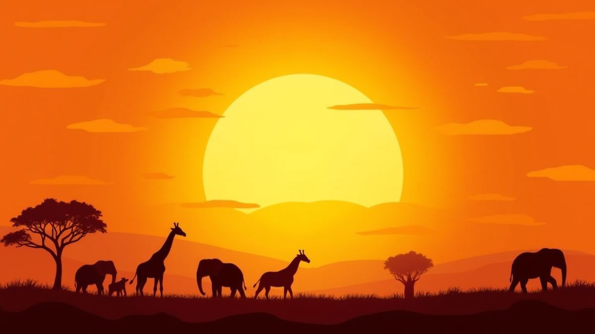 Golden sunset in the African savanna with silhouetted animals.