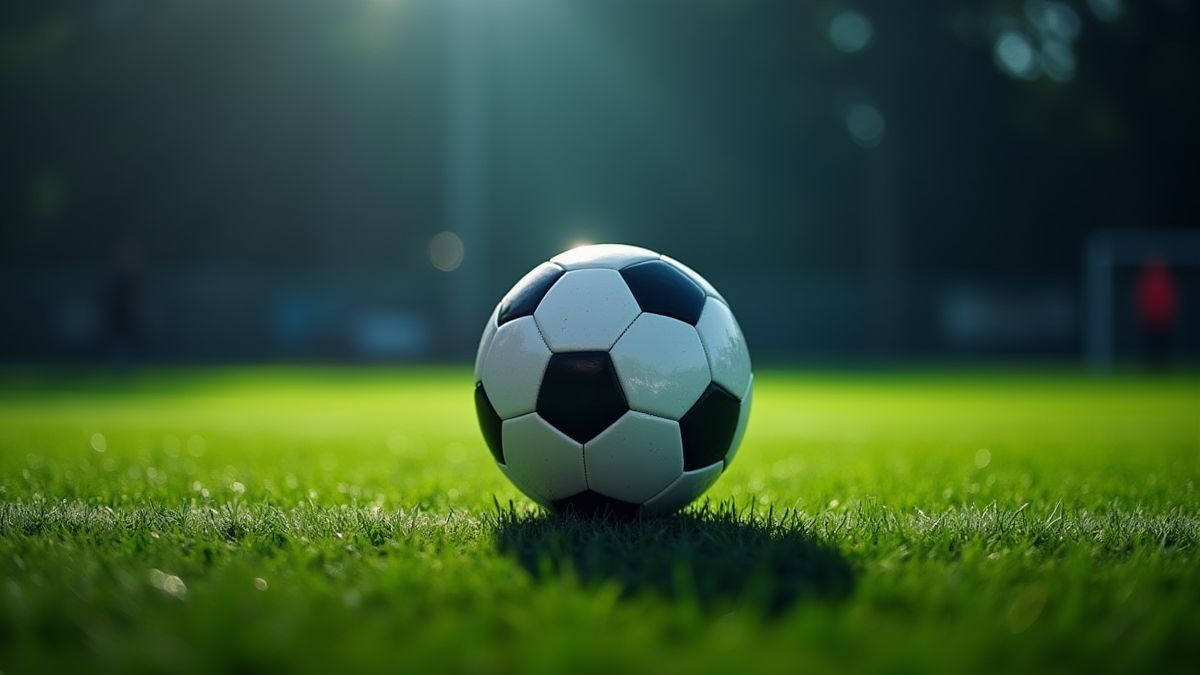 Balón de fútbol en un campo iluminado.