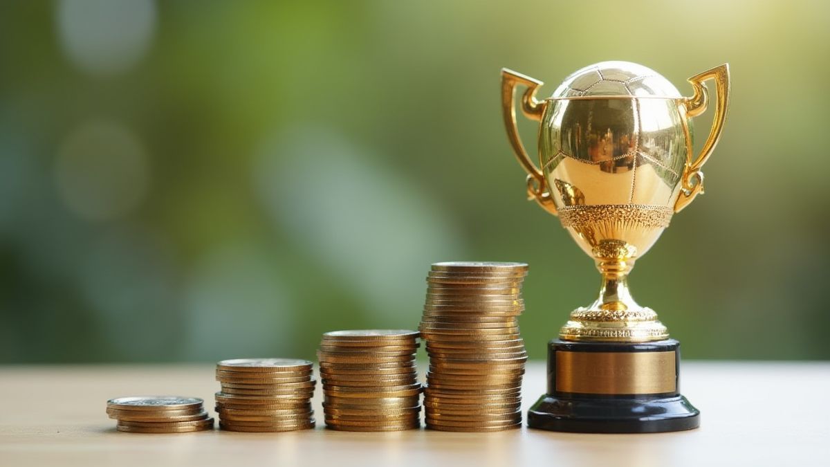 Monedas apiladas junto a un trofeo de fútbol.