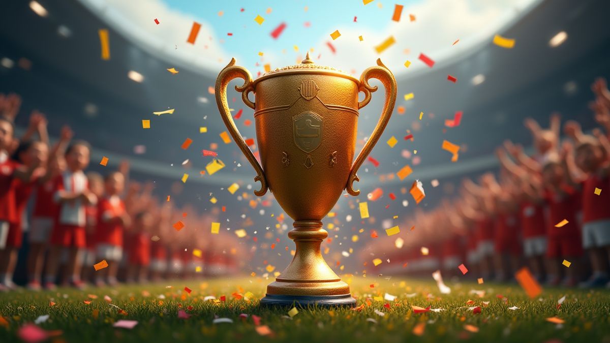 Animated football trophy surrounded by confetti and cheering crowd