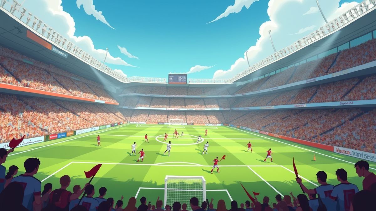 Animated football field with players in action and fans waving flags