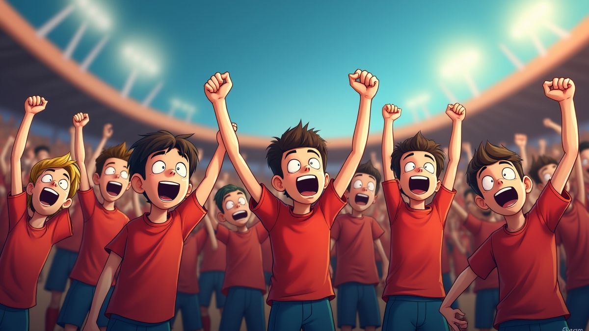 Animated crowd of football fans in a football stadium