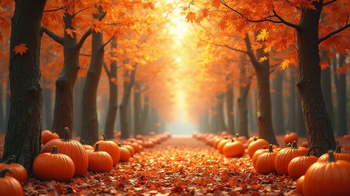Un bosque otoñal con calabazas y hojas caídas.