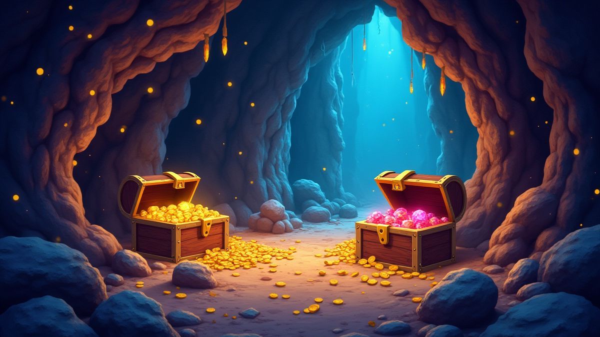 Eine magische Höhle voller glänzender Schätze und Goldmünzen.