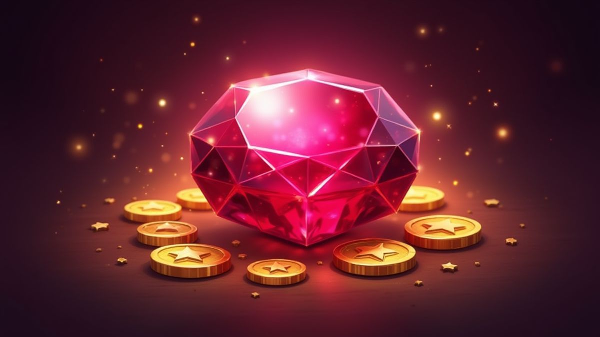 Ein glänzender Rubin, umgeben von Goldmünzen und magischen Funkeln.