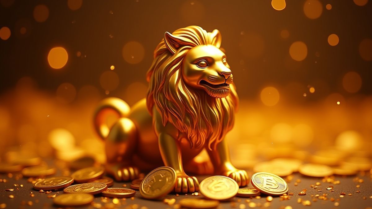 Gouden leeuw standbeeld omringd door glanzende munten.