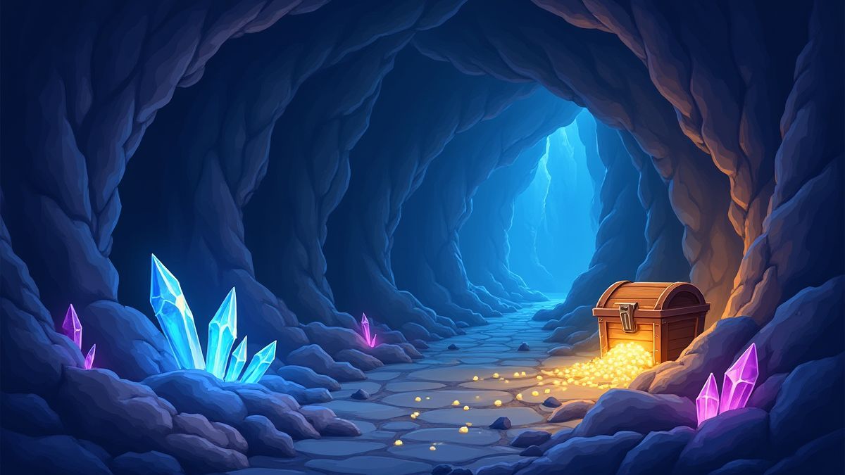 Caverna subterrânea com cristais brilhantes e cofres do tesouro.