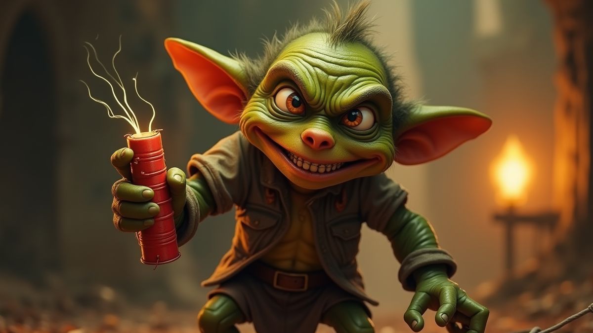 Um goblin animado segurando dinamite com expressão travessa.