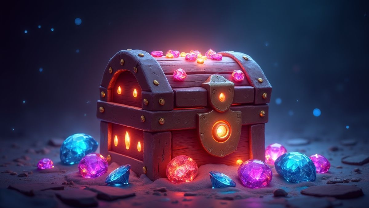 Um baú do tesouro brilhante cercado por gemas reluzentes.