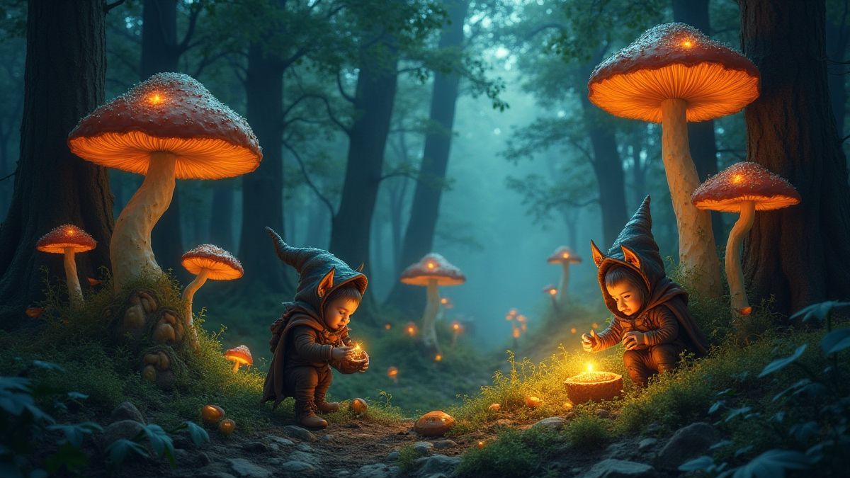 Un forêt magique avec goblins récoltant des trésors sous des champignons lumineux.