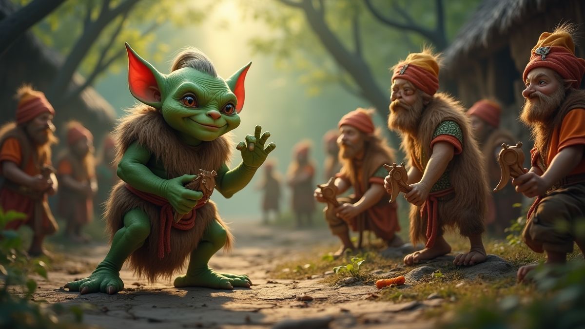 Un goblin enseignant à faire tourner des rouleaux magiques dans un cadre fantastique.