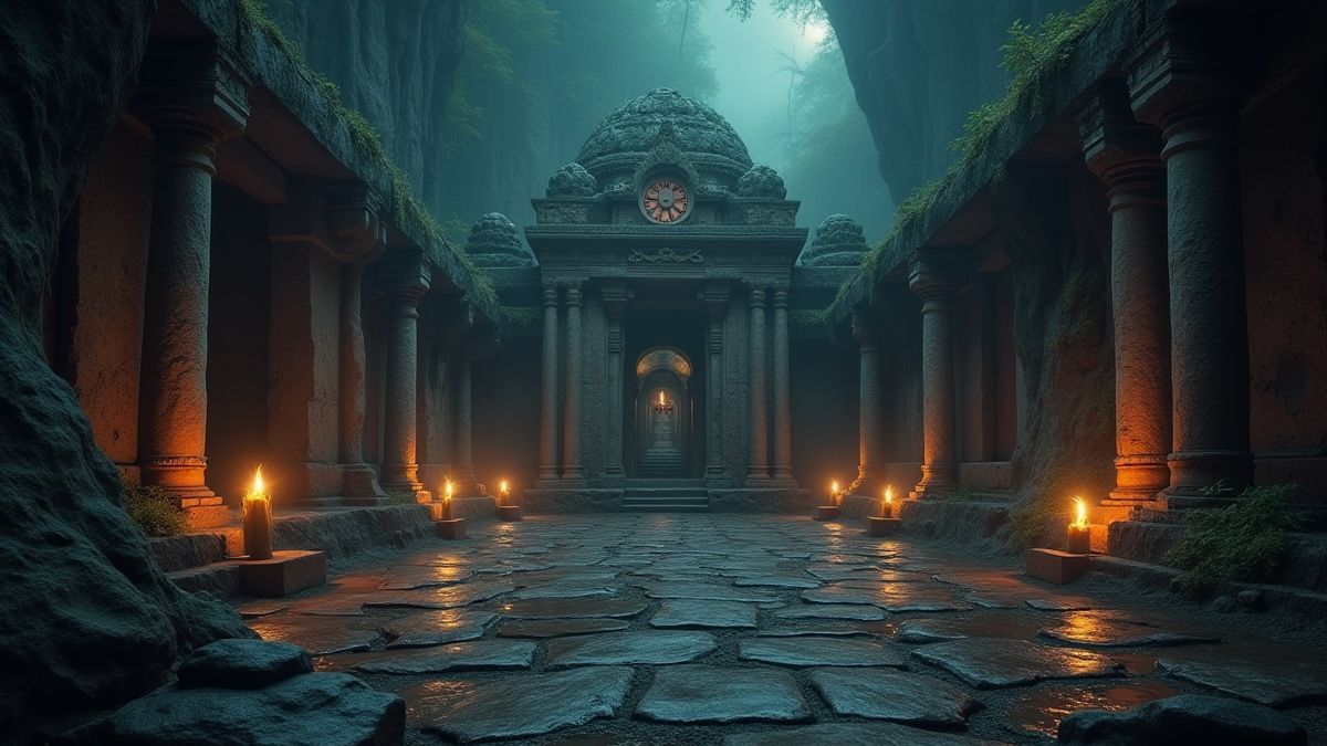 Templo antiguo con luces brillantes y atmósfera mística.