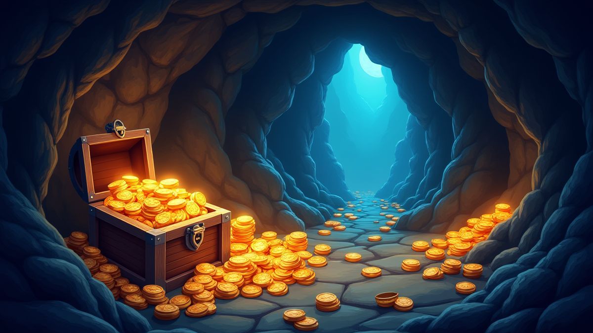 Moedas brilhantes e cofres do tesouro em uma caverna mística.