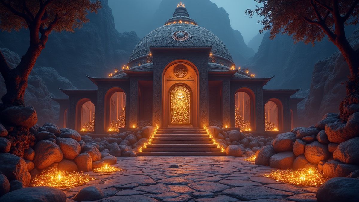 Um templo místico com tesouros brilhantes e elementos de cassino.