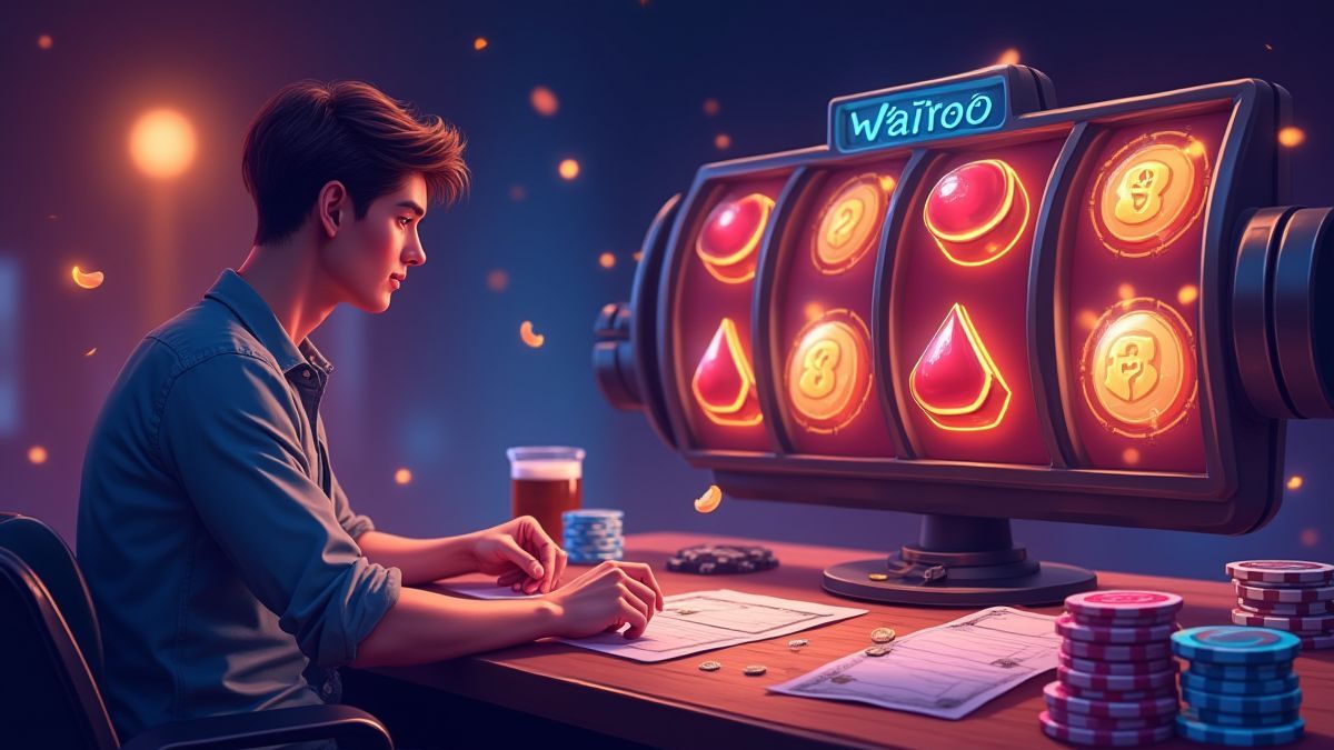 Um jogador pensando estratégias com carretes brilhantes e elementos de cassino.