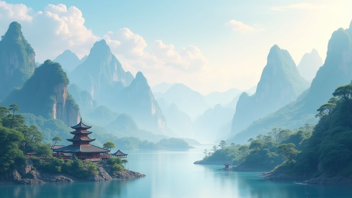 An oriental landscape with mountains and pagodas.