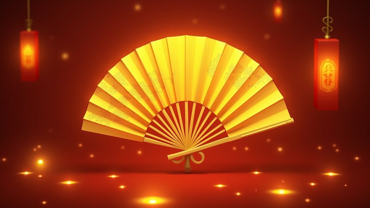 Abanico dorado animado con diseños asiáticos rodeado de luces brillantes.