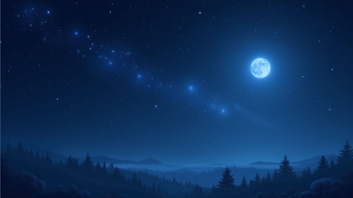 Estrellas brillantes y una luna resplandeciente en un cielo nocturno mágico.