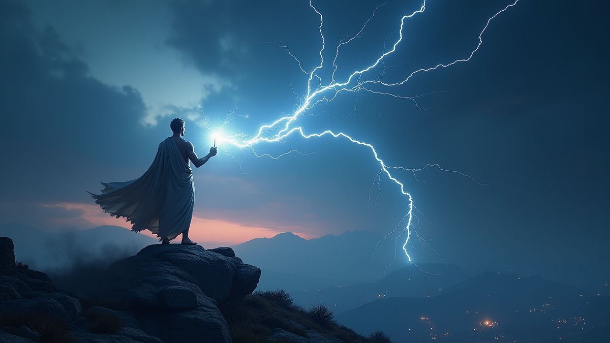 Zeus met een heldere bliksem op de Olympus