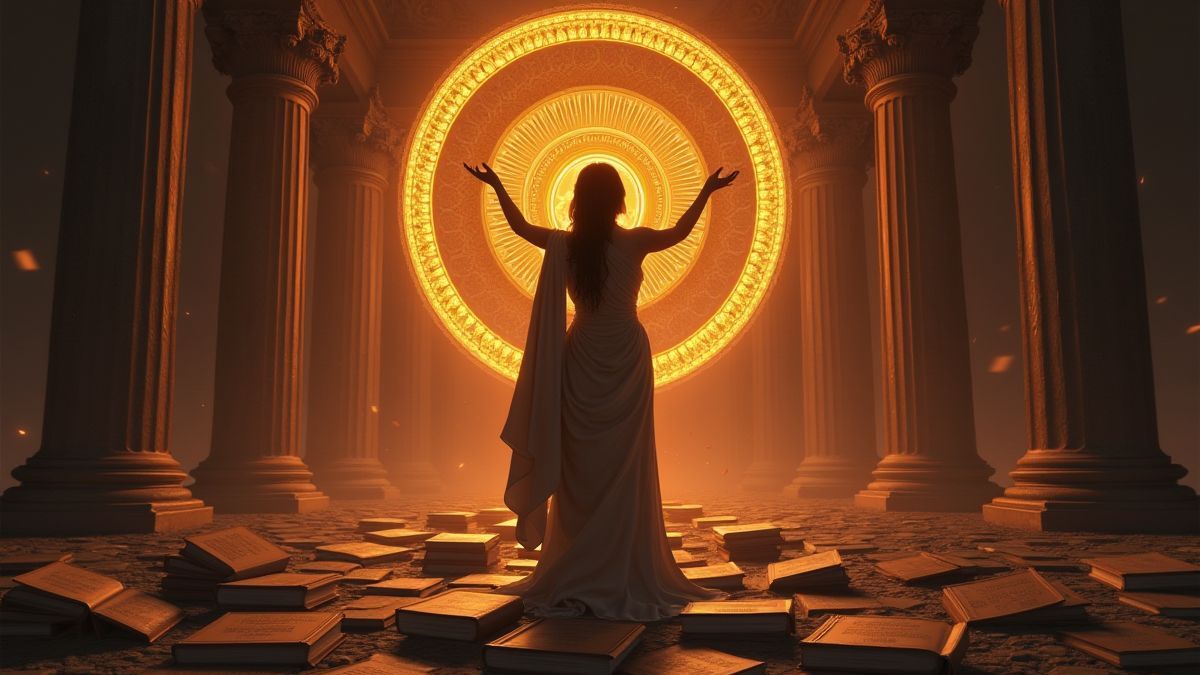 Athena omringd door boeken en gloeiende symbolen