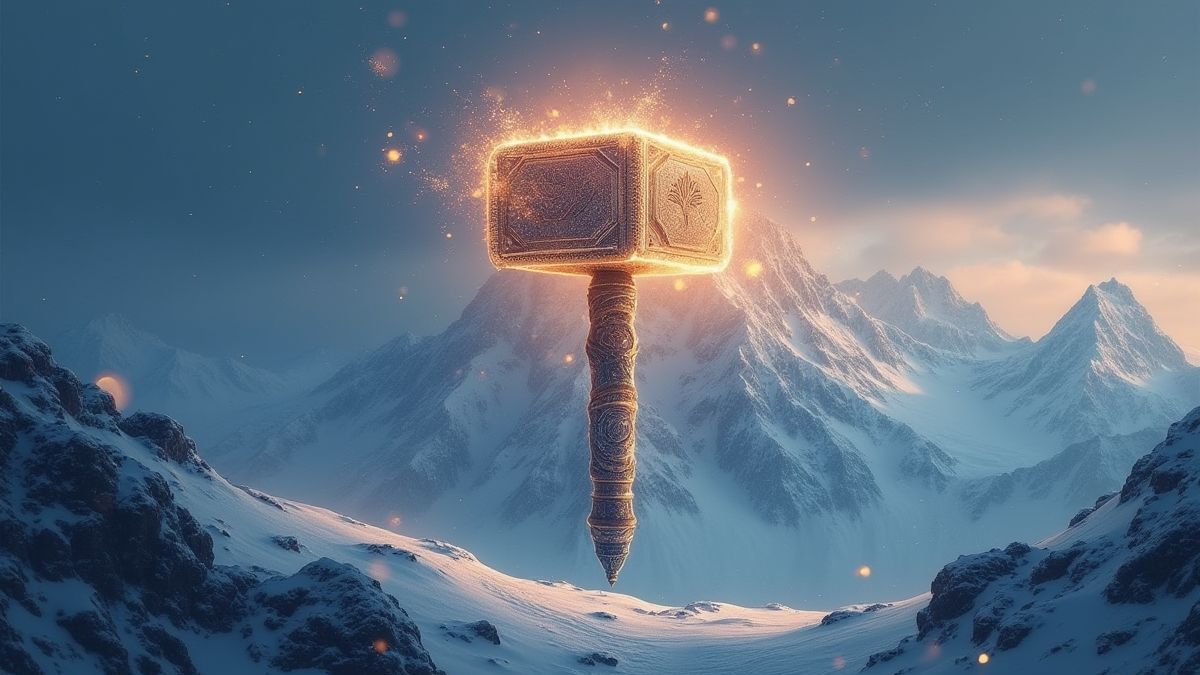 Thor's hammer glowing over a snowy mountain.