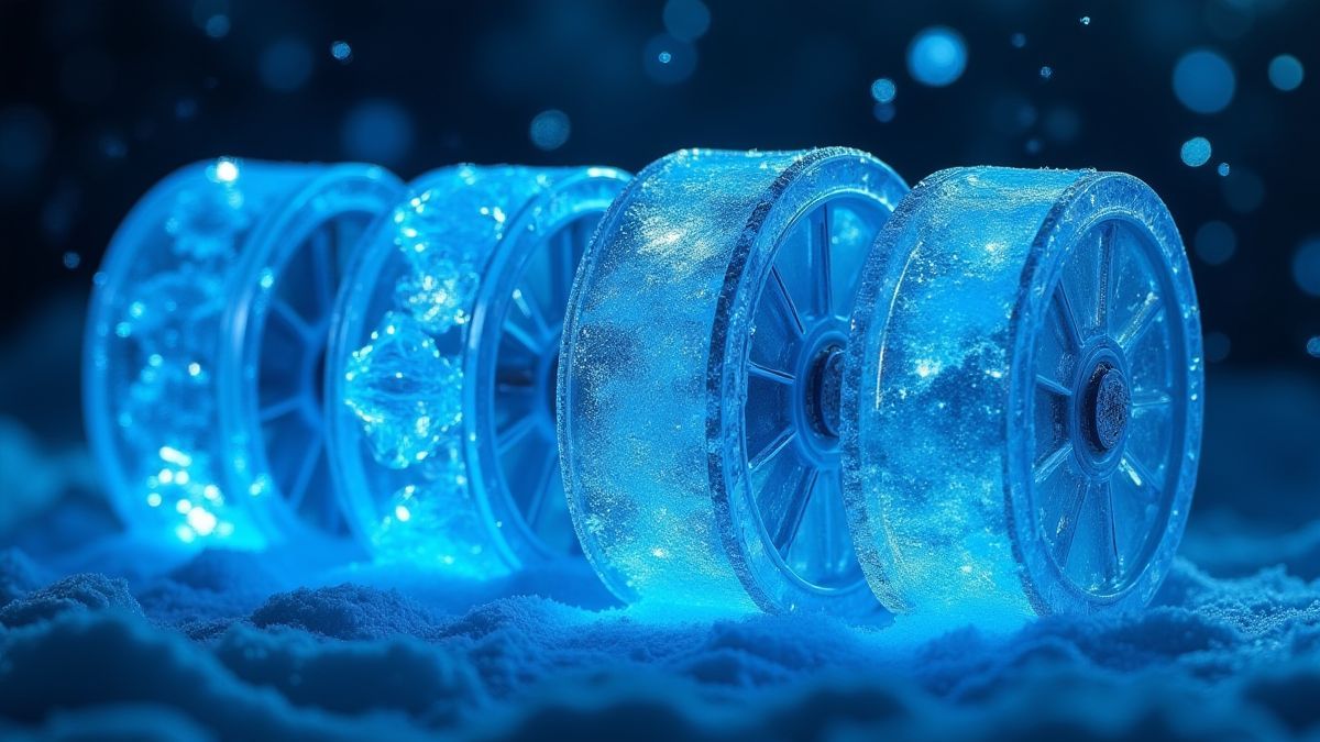 Frozen reels with glowing symbols in blue light.
