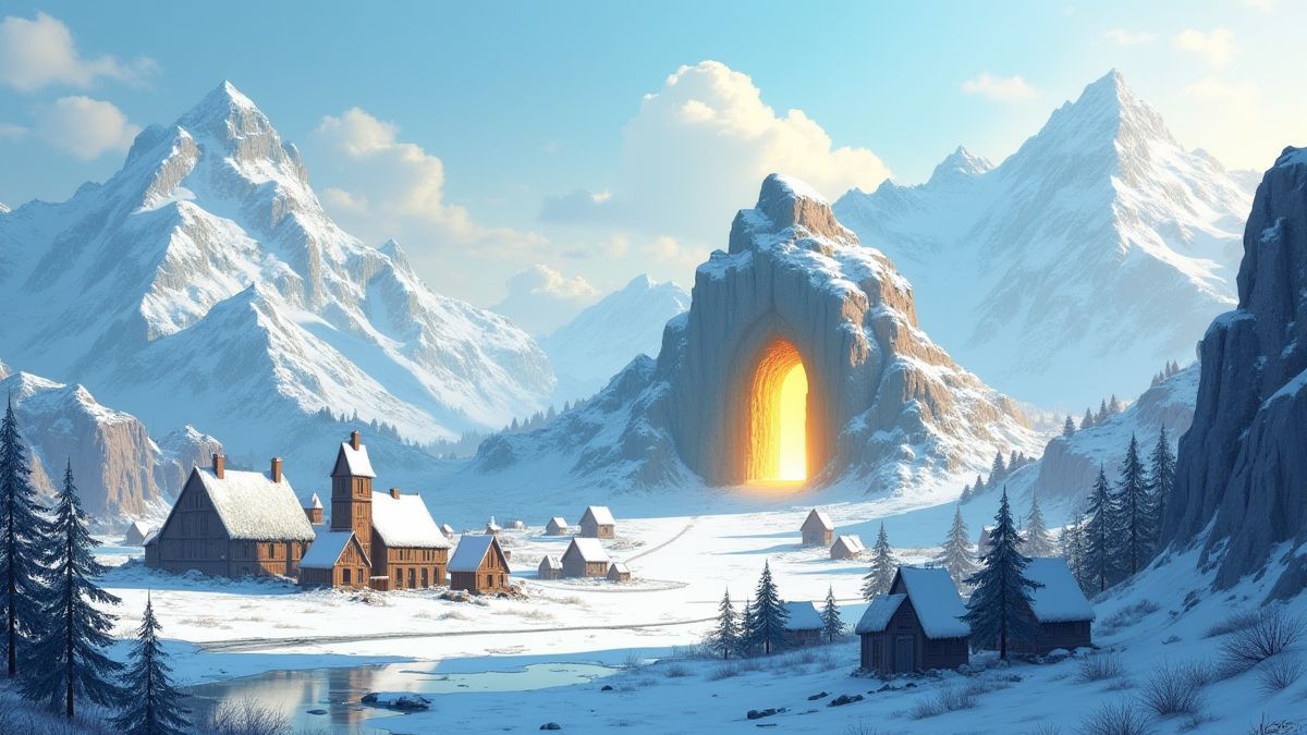 A Viking village surrounded by snowy mountains and a golden gate to Asgard.