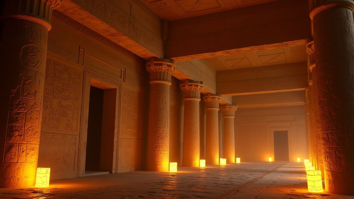 Interior de un templo egipcio con jeroglíficos y tesoros brillantes.