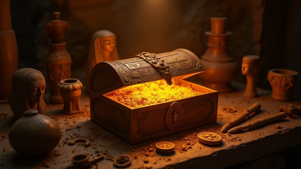 Cofre del tesoro brillante rodeado de artefactos egipcios antiguos.