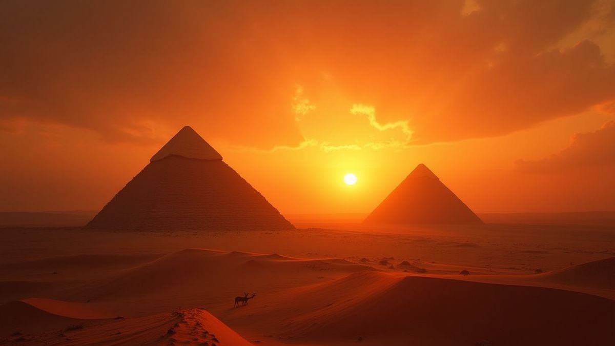 Escena de un desierto místico al atardecer con pirámides antiguas brillando con luz dorada.