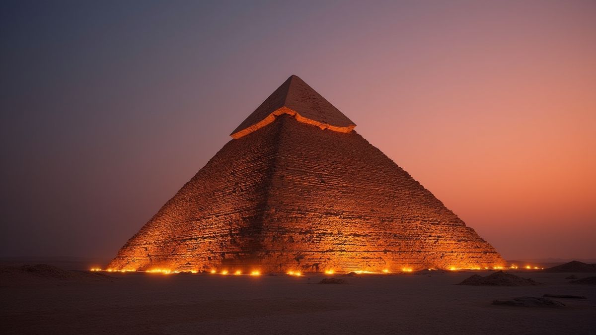 Imagen de una pirámide egipcia al atardecer con luces brillantes.