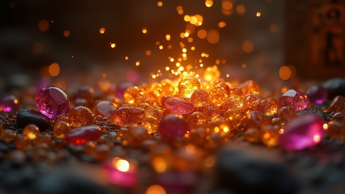 Imagen de joyas cayendo junto a símbolos egipcios brillantes.